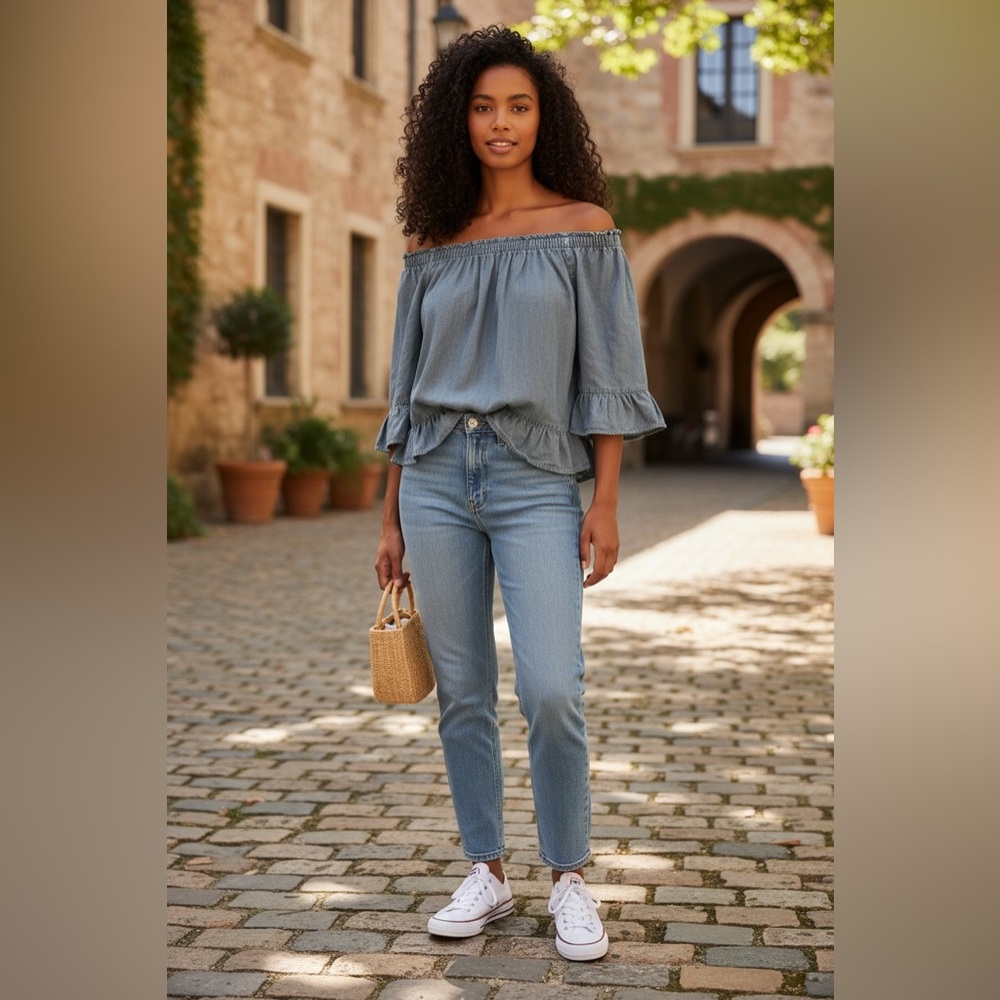 Jane and Delancey Denim Shoulder Blouse - Picture 2 of 3